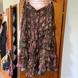 Cato Olive Green Floral Ruffle Tiered Skirt with Pink Blooms